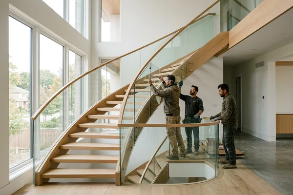 Curved white oak staircase with frameless glass in a Kleinburg new build