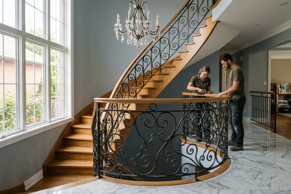 Hand-forged wrought iron scrollwork railing on a curved staircase