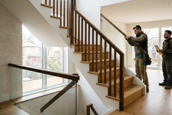Hand-milled white oak staircase with bullnose treads and a walnut handrail