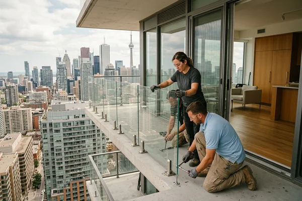 King West condo balcony with frameless glass on stainless spigots