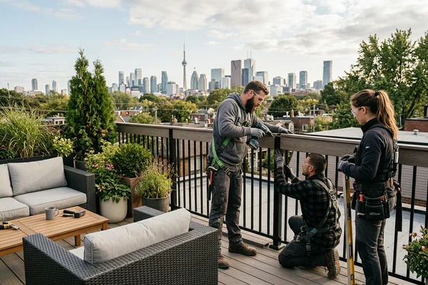 Rooftop terrace guard with composite top rail over aluminum in Leslieville