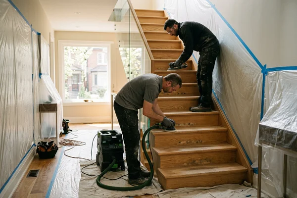 Two refinishers sanding oak stair treads with a HEPA dust extractor