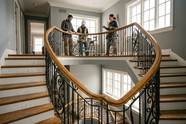 Wrought iron scrollwork railing across three floors in The Kingsway