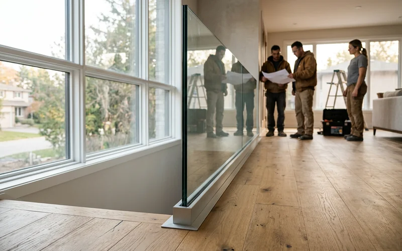 Base shoe glass guard along an open landing with oak flooring