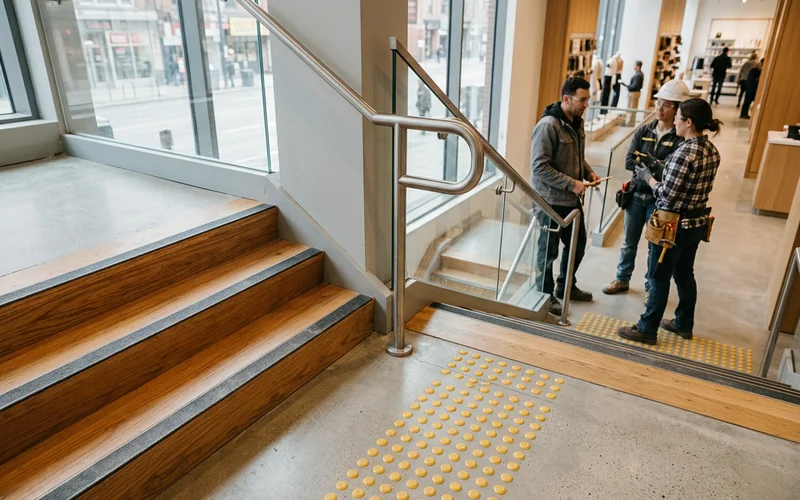 Retail egress stair with handrail extensions and tactile indicators