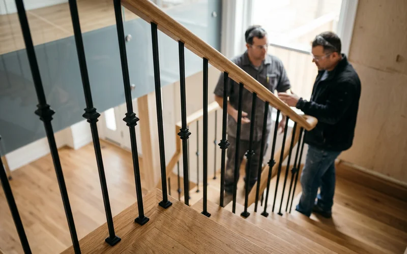 Matte black iron balusters on a Riverdale semi staircase