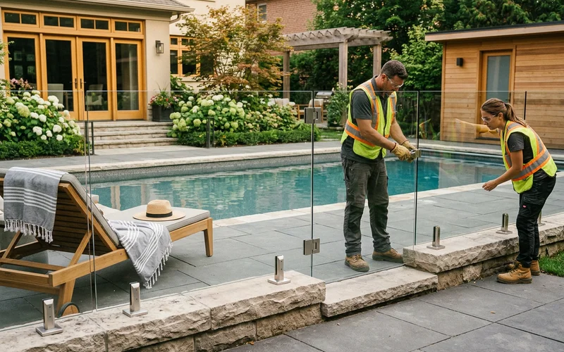 Pool deck glass enclosure with a self-closing gate