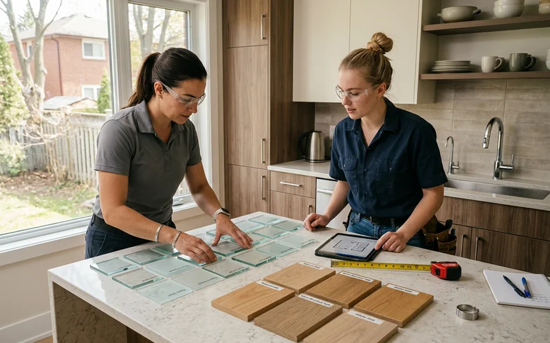 Lead technician and crew member laying out glass and oak samples during a consultation