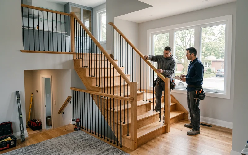 New U-shape maple staircase with matching handrail and iron pickets