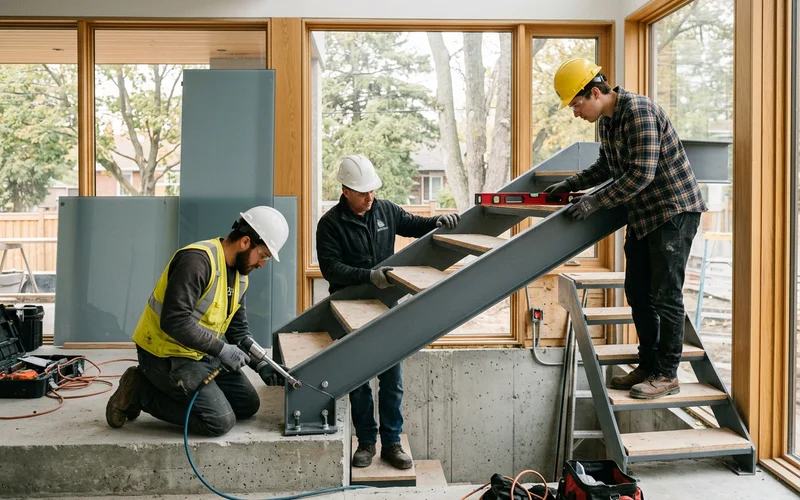 Crew setting a steel stair stringer at a commercial site