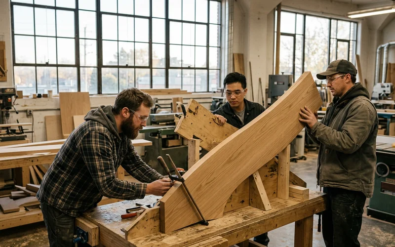 Three crew members dry-fitting a curved oak stair stringer on a shop jig