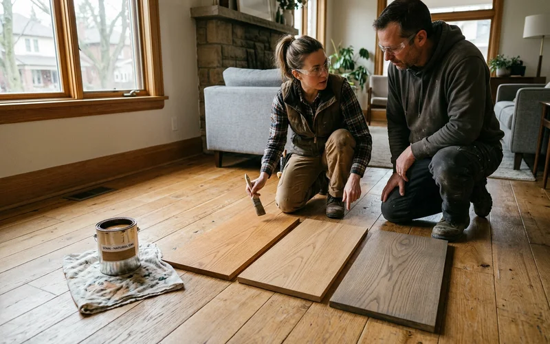 Stain sample boards held against a hardwood floor