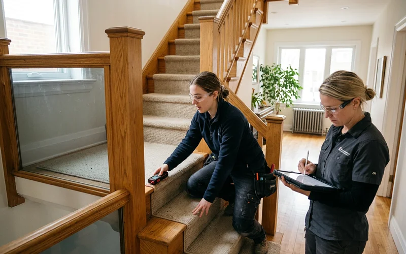 Two crew members laser-measuring an existing staircase during a consultation