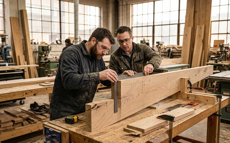 Two fabricators dry-fitting oak stair stringers on a shop jig in Etobicoke