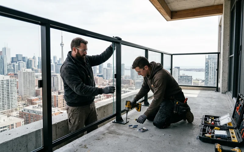 Two installers fastening aluminum balcony posts