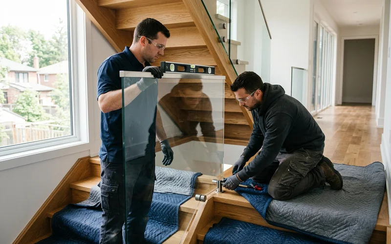Two installers setting a tempered glass panel into stainless spigots