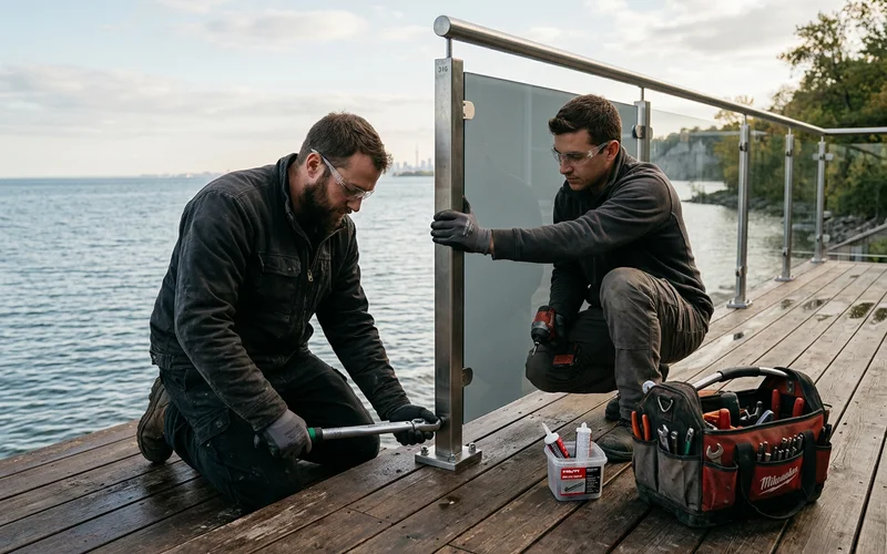 Two installers setting 316 stainless posts on a waterfront deck