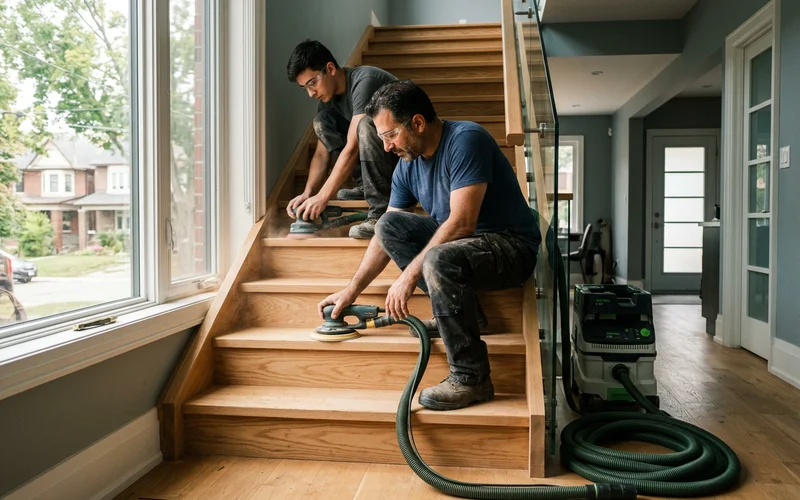 Two refinishers sanding oak stair treads with a HEPA extractor