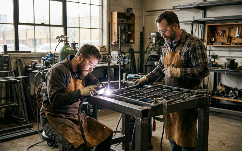 Two welders TIG-welding wrought iron balusters on a jig in the Etobicoke shop