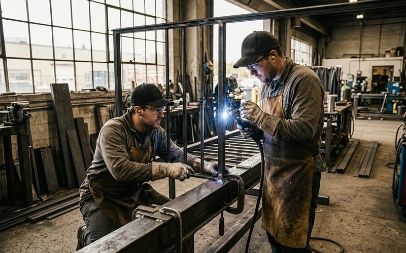 Two welders TIG welding a wrought iron railing panel in the Etobicoke shop