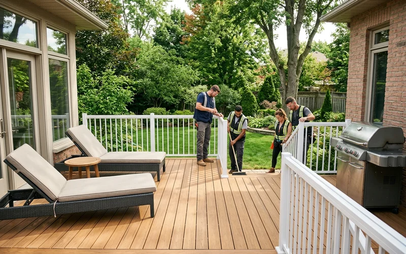 White aluminum picket railing on a back deck with stairs