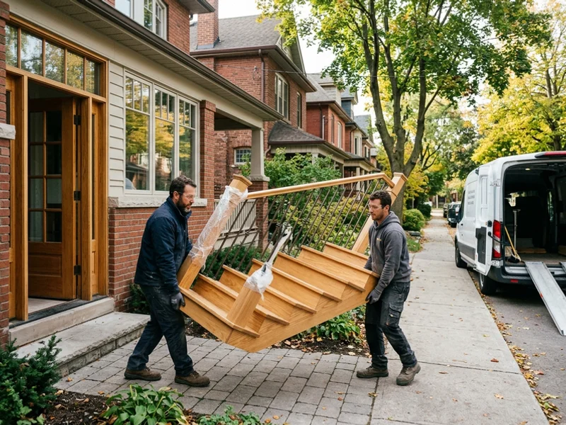 Two installers carrying a pre-assembled oak stair section from the work van into a GTA home