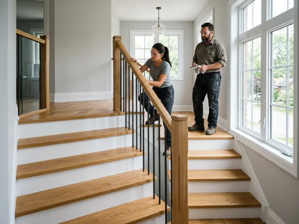 After: the same oak stair refinished in natural matte water-based polyurethane