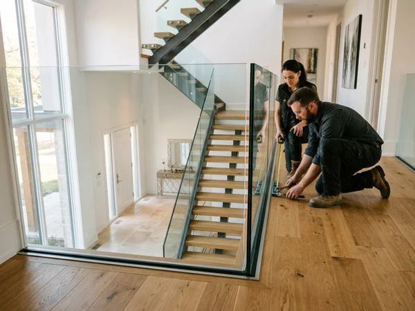 Base shoe laminated glass guard along an open landing in Thornhill