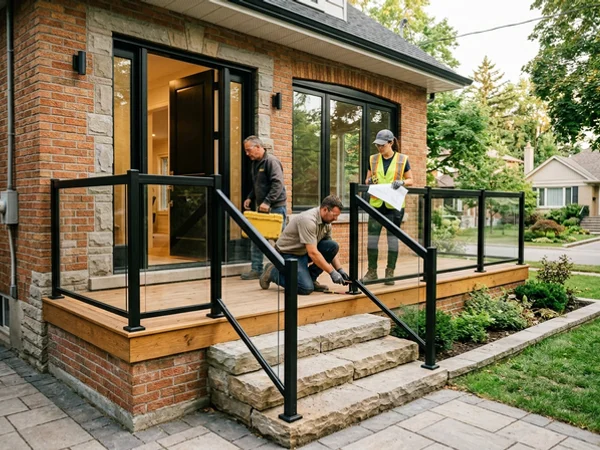 Black aluminum railing with glass panels on a Port Credit front porch