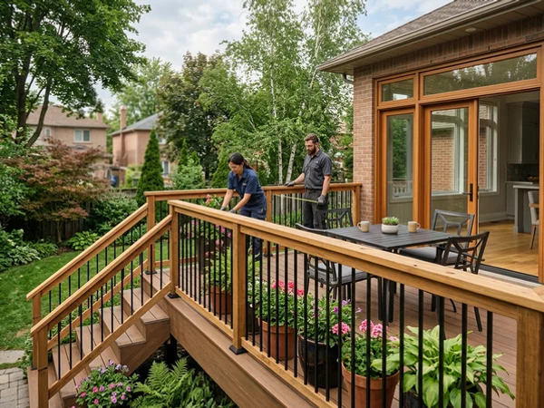 Black wrought iron exterior deck railing with a cedar top rail