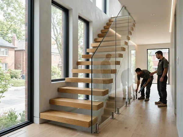 Cantilevered stair with frameless 15mm glass on structural spigots