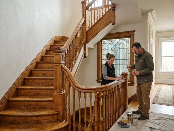 Century-old oak staircase after full strip and restain in Rosedale