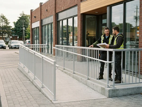Commercial aluminum extrusion guard along a storefront ramp and patio