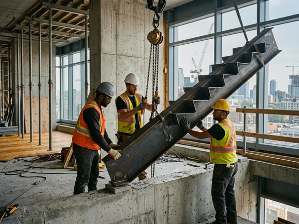 Crew of three setting a steel stair stringer with a chain hoist on a commercial site