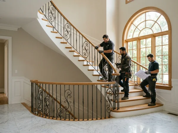 Curved wrought iron railing with Italian-style scrolls in a Woodbridge foyer