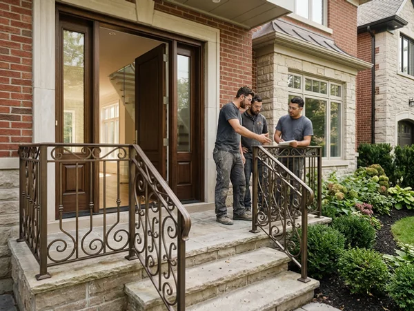 Exterior front-step scrollwork railing in antique bronze powder coat