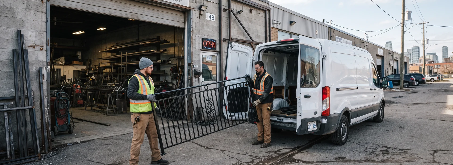 Exterior of the Etobicoke fabrication shop with crew loading a railing into a van