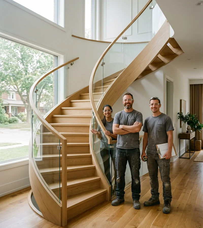 Michael Bennett with two crew members beside a finished curved white oak staircase