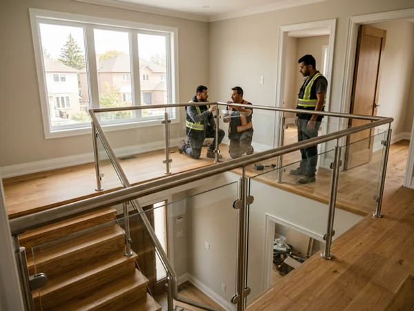 Framed glass railing with a brushed stainless top rail on a stair and upper hall