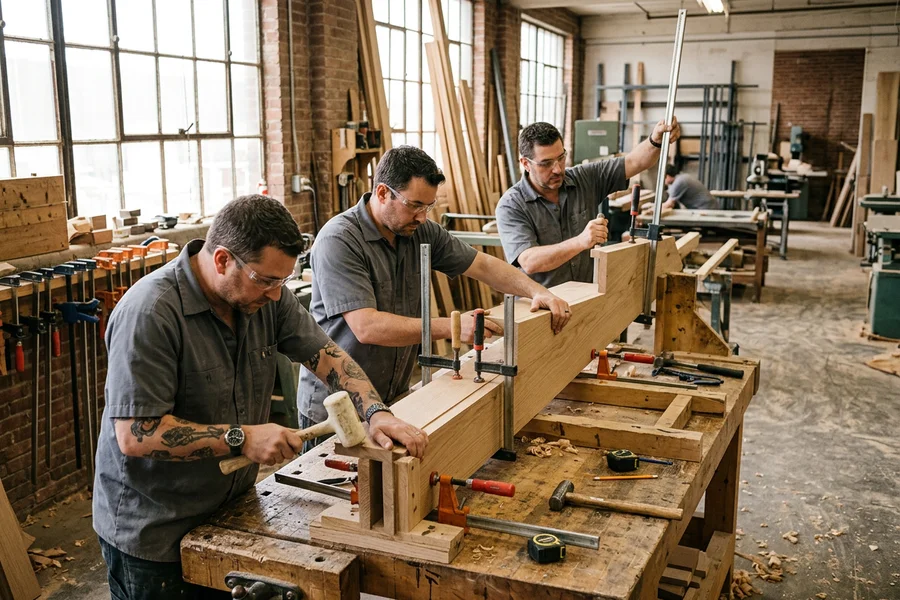 Group of three stair fabricators assembling a white oak stringer on a shop jig