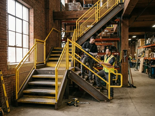 Industrial mezzanine steel stair with checker plate treads in a Liberty Village warehouse