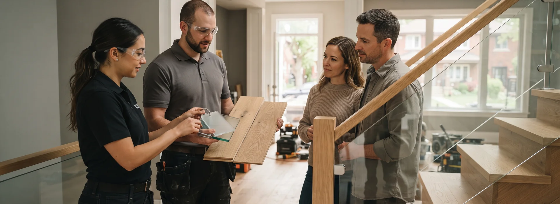 Lead technician and crew member showing glass swatches and oak samples beside a Toronto staircase