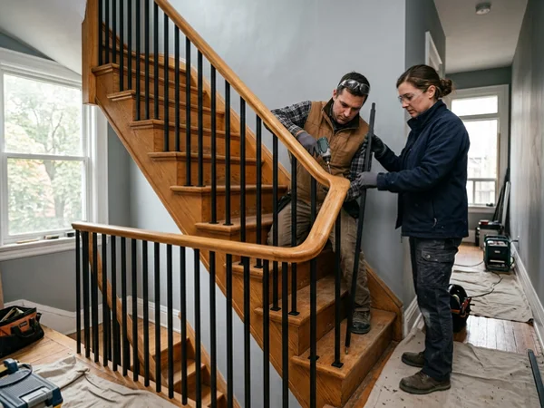 Matte black iron balusters that replaced oak spindles on a Riverdale stair