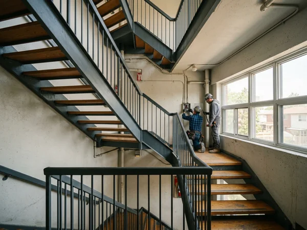 Multi-flight steel stair with HSS stringers in a North York rental building stairwell