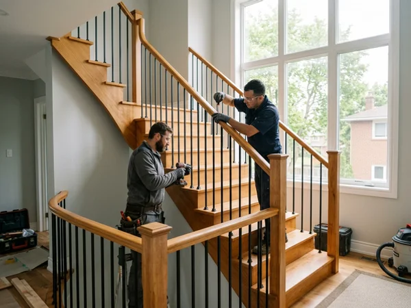 New U-shape maple staircase with matching handrail and iron pickets in Guildwood