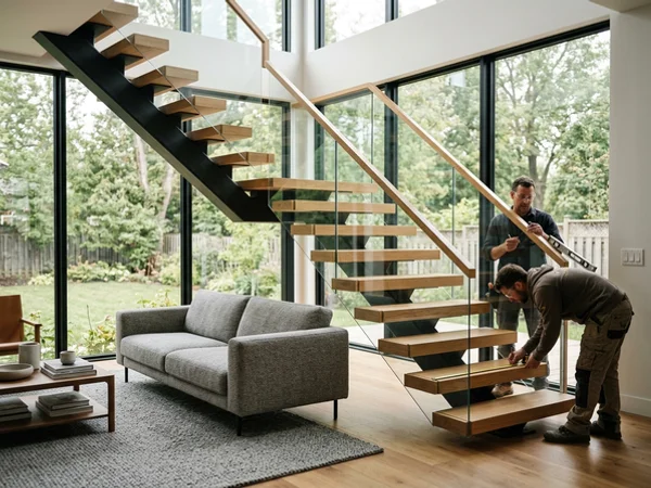 Open-riser mono-stringer staircase in rift-sawn white oak