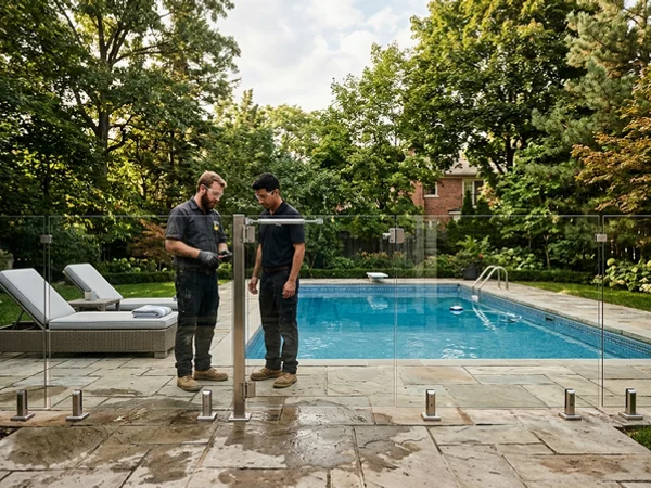 Pool deck glass enclosure with a self-closing gate in Bronte
