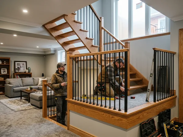 Red oak L-shape basement staircase with a landing and black iron balusters