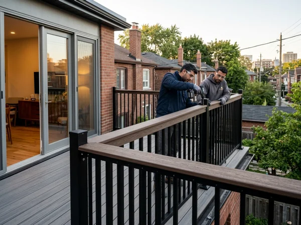 Rooftop terrace guard with composite top cap on a Leslieville semi