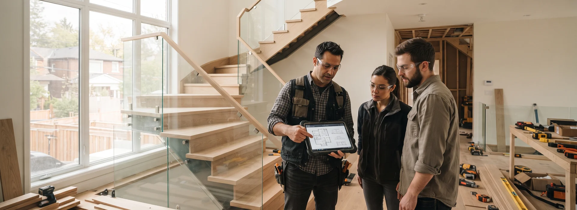 Stair crew reviewing CAD drawings beside a partly installed oak staircase in a GTA home